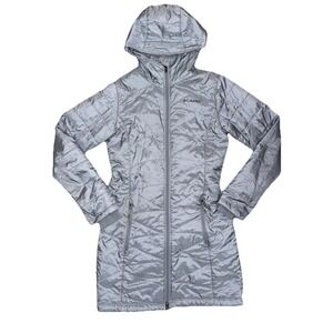 Columbia Womens Grey Blue Omniheat Mighty Lite Hood Long Quilted Jacket Size S
